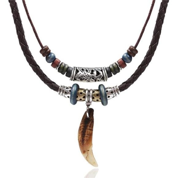 Men Leather Necklace Vintage Tribal Style Boho Hipppie Double Layered Braided - Picture 1 of 7